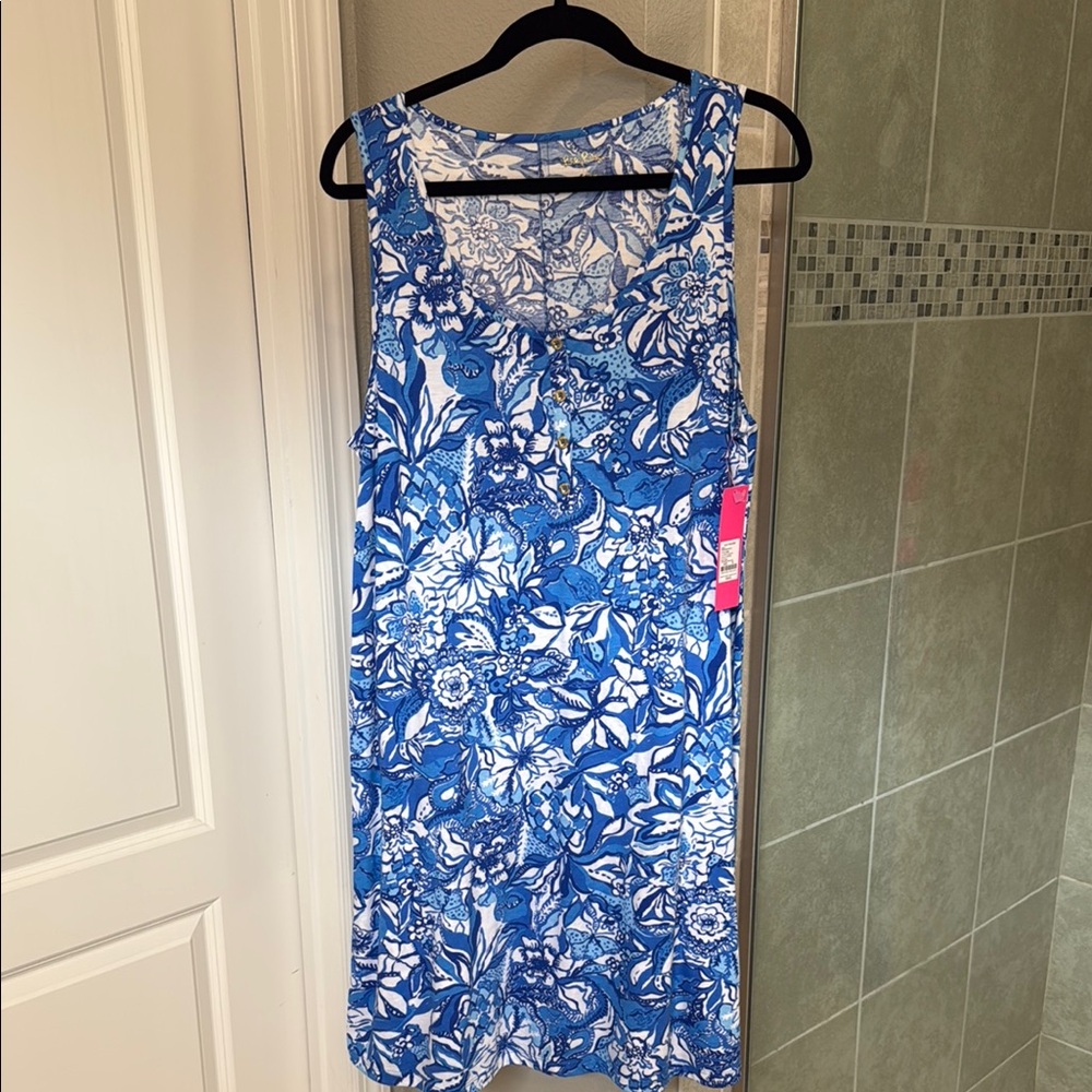 Lilly Pulitzer Lela Henley Tank Dress Size XL Blue Tang Flocking Fabulous NWT